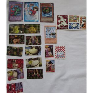 Vintage Yu-Gi-Oh cards, Shrek cards, Crackerjack cards, Bugs Bunny, Taz stickers